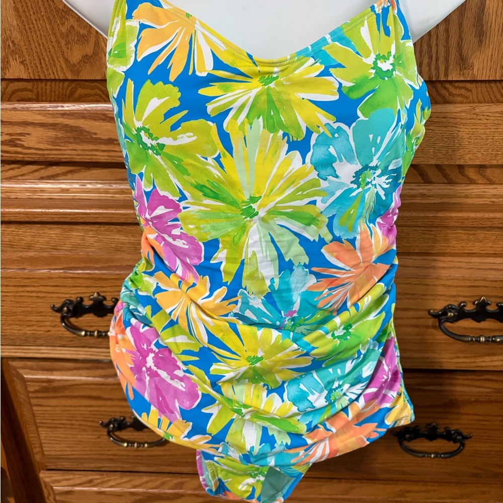 Bleu Rod Beattie Blue and Yellow Tankini Swimsuit Vibrant Floral Design